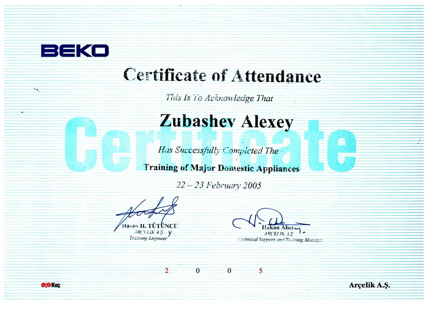 sertifikat Beko 
